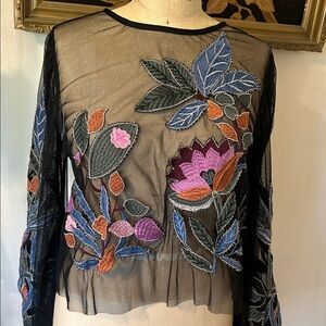 Anthropologie Floral Embroidered Sheer Black Long Sleeved  Top
